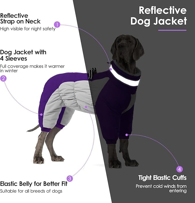 SUNFURA Full Body Dog Coat - Warm Fleece Jacket for Medium Dogs, Turtleneck Winter Coats with Harness, Reflective Dog Snowsuit Windproof Puffer Jackets with Legs for Boston Terrier, Purple M