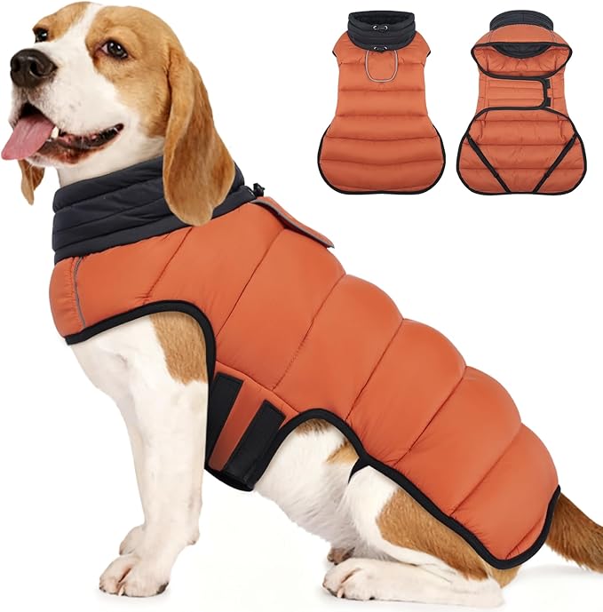 MIGOHI Lightweight Dog Coat, Windproof Dog Jacket, Puffer Jacket for Large Dogs, Padded Vest with Reflective Strips, Warm Snow Vest in Cold Weather, Easy On Hook & Loop Belly, Caramel, XL