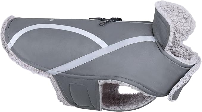 VIVAGLORY Frostfit Dog Coat, Dog Jacket for Winter & Cold Weather, Warm Fluffy Fleece Lined Water Resistant Reflective for Puppy, Coat with Velcro Fastening & Leash Hole, M+, Grey