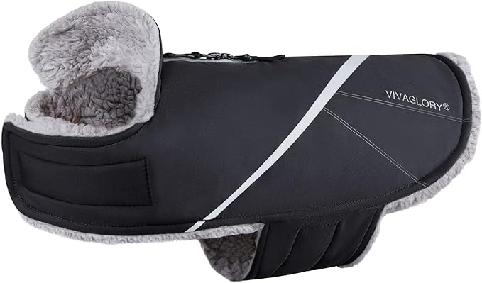 VIVAGLORY Snowrap Dog Coat, Jacket with Harness Hole & Velcro Closure, Dog Coat for Winter & Cold Weather, Fluffy Warm Fleece Lined Reflective Water Resistant for Puppy, XS, Black