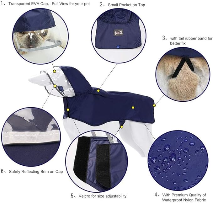 Pet Raincoat Packable Hooded Dog Rain Jacket Reflective Strips Lightweight Adjustable Poncho for Small Medium Large Dogs Blue S