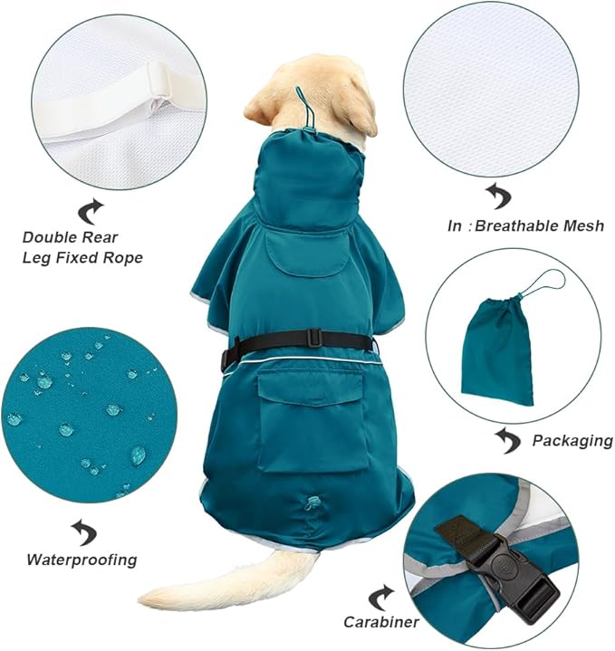 Reflective Dog Raincoat Waterproof Adjustable Dog Hooded Poncho Raincoat for Medium Large Dogs, Lightweight Pet Rain Jacket (Blue, 2XL)