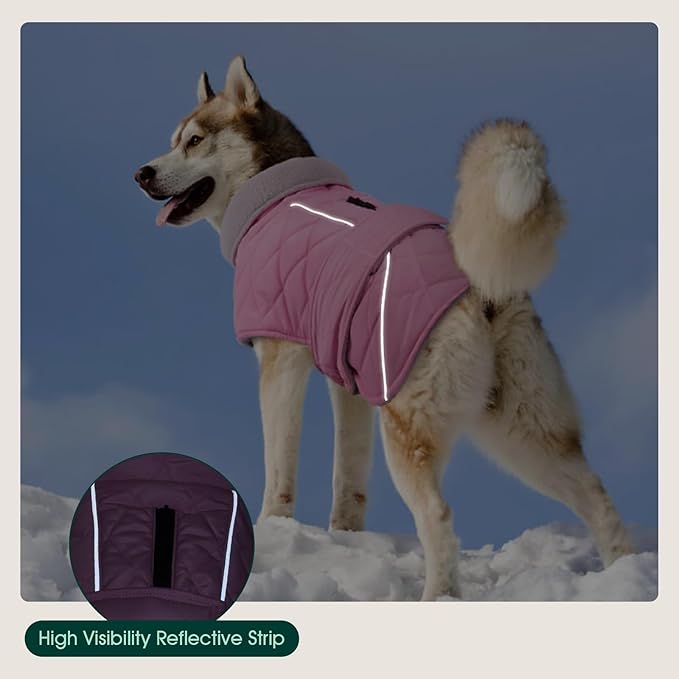 Kuoser Dog Coat, Extra Warm Dog Jacket Windproof Dogs Cold Weather Coats for Large Dogs, Fleece Lining Turtleneck Puppy Snowsuit Reflective Adjustable Pet Winter Clothes Christmas, Pink XL