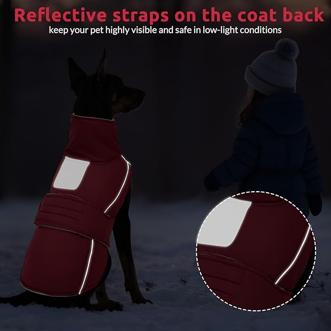 ASENKU Warm Dog Coat, Waterproof Dog Jackets for Large Dogs with Reflective Fleece Vest Turtleneck with Button,Windproof Cold Weather Coats for Small Medium Large Dogs, Dark Red, 3XL