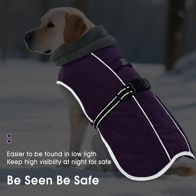 Warm Dog Jacket,3XL Dogs Reflective Adjustable Winter Coat with Turtleneck for Cold Weather,Waterproof Fleece Snowsuit Large Dogs,Pet Cold Weather Coats,Dog Winter Coat Windproof,Purple,3XL
