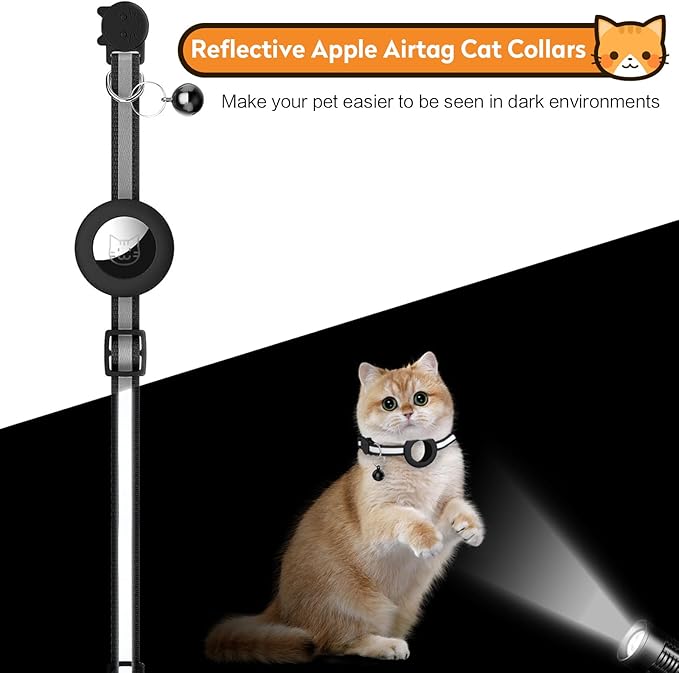 2 Pack Airtag Cat Collar with Bell, Reflective Nylon Kitten Collar with Apple Air Tag Holder and Breakaway Safety Buckle for Puppy Girl Boy Cats, 3/8" in Width and Lightweight, Purple