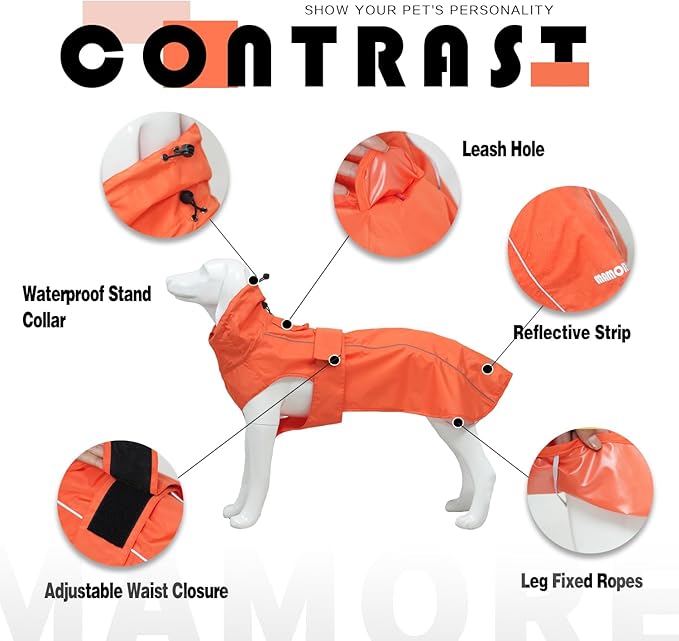 Waterproof Dog Raincoat with Reflective Strip, Adjustable Breathable Rain Coat Jacket with Leash Hole for Dogs (Orange, Small)