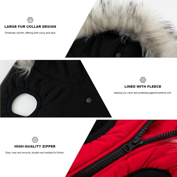 PINA Winter Coat for Dogs, Jacket with Waterproof Fabric, Faux Fur Hood, Reflective Strap, Red, S