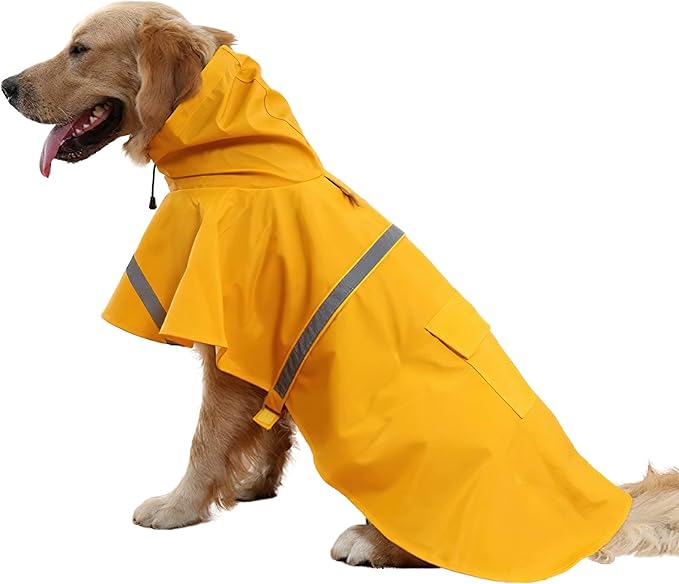 NACOCO Large Dog Raincoat Adjustable Pet Water Proof Clothes Lightweight Rain Jacket Poncho Hoodies with Strip Reflective (XXXL, Yellow)