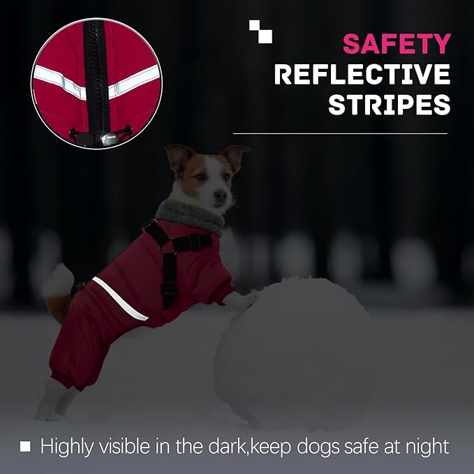 BRKURLEG Dog Winter Coat with Harness Built in, Winter Dog Jacket for Small and Medium Dogs, Small Dogs Snowsuit Reflective Windproof Cold Weather Coat, Puppy Warm Fleece Coats, Hot Pink, L
