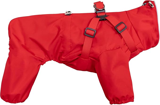 Mile High Life Waterproof Dog Raincoat, Full Coverage Small Dog Rain Coat with Harness, Adjustable 4 Legs Puppy Rain Jacket with Reflective Strip and Elastic Cuffs (Red, S Back Length 13")