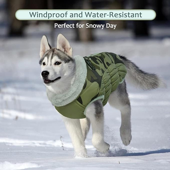 Lelepet Dog Coat Warm Dog Winter Coat Waterproof Dogs Jacket with Harness Built in Reflective Pet Fleece Vest Zip-Up Cold Weather Coats for Large Dogs Turtleneck & Windproof Coats Boxer Green Camo XL