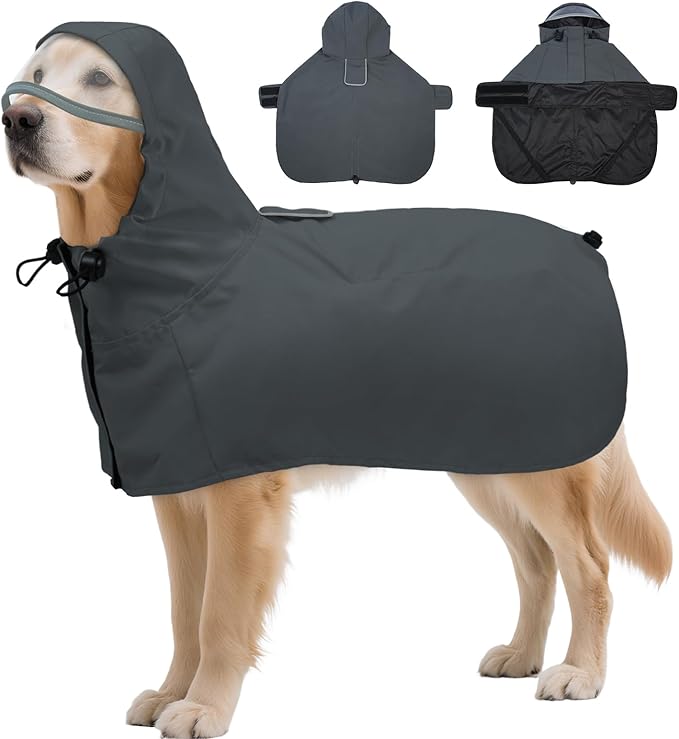 DENTRUN Waterproof Dog Rain Jacket with Hood for Golden Retriever, Husky – Extra-Long Coverage for Heavy Rain, Beach Trips, Dog Parks – Magic Tape & Mesh Lining, XXL