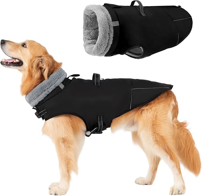 Mihachi Dog Coat for Large Dogs, Warm Dog Winter Coat Waterproof Dogs Jacket with Harness Built in Reflective Pet Fleece Vest, Puppy Cold Weather Coats Turtleneck & Windproof Pet Snowsuit, Black XL