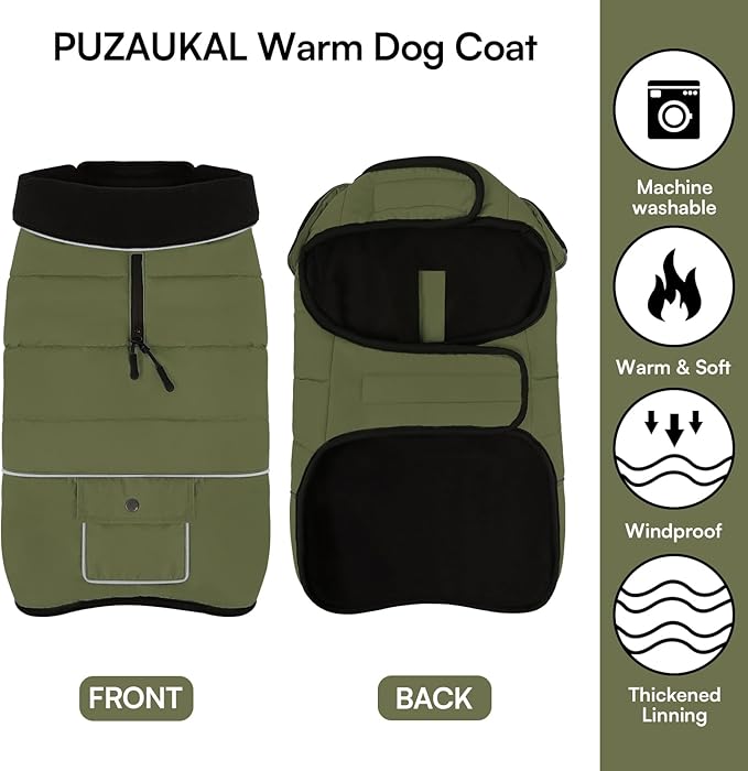 Dog Coat, Large Dog Jacket, Windproof Dogs Puffer Jacket, Fleece Lined Warm Dogs Winter Coat with Harness Hole (Army Green XL)