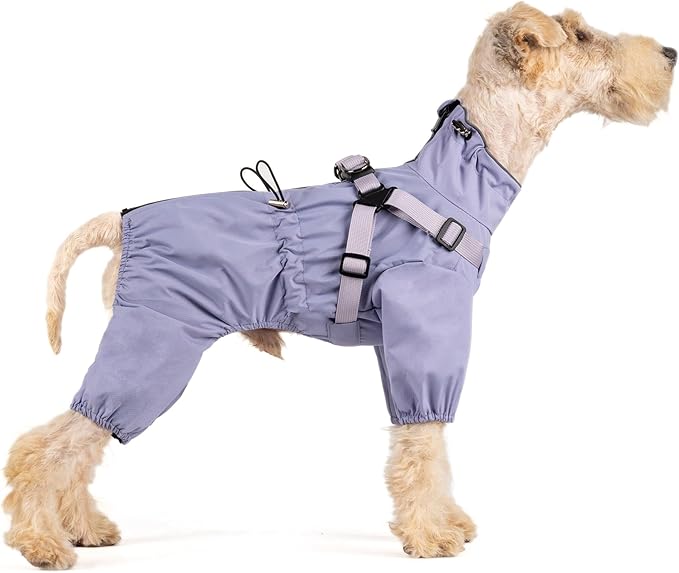 Mile High Life Waterproof Dog Raincoat, Full Coverage Small Dog Rain Coat with Harness, Adjustable 4 Legs Puppy Rain Jacket with Reflective Strip and Elastic Cuffs (Purple, XXS Back Length 9.8")