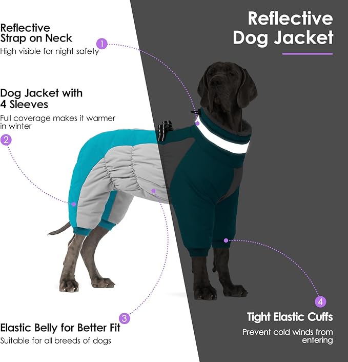SUNFURA Full Body Dog Coat - Warm Fleece Jacket for Small Dogs, Turtleneck Winter Coats with Harness, Reflective Dog Snowsuit Windproof Puffer Jackets with Legs for Pug, Jack Russel, Turquoise S