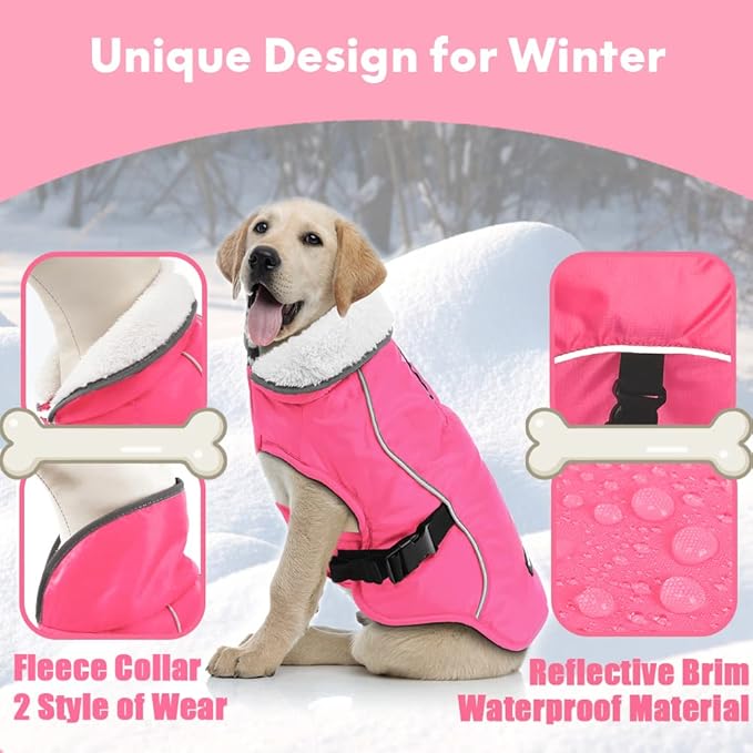 EMUST Dog Coat Winter, Waterproof Pet Snow Jacket for Winter, Adjustable Small/Medium/Large Dog Jackets, Pink, L