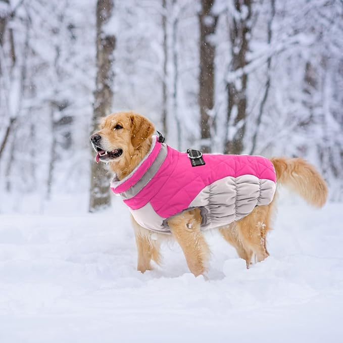 Lelepet Dog Coat Warm Dog Winter Coat Waterproof Dogs Jacket with Harness Built in Reflective Pet Fleece Vest Zip-Up Cold Weather Coats for Medium Dogs Turtleneck & Windproof Coats Dachshund Rose Red