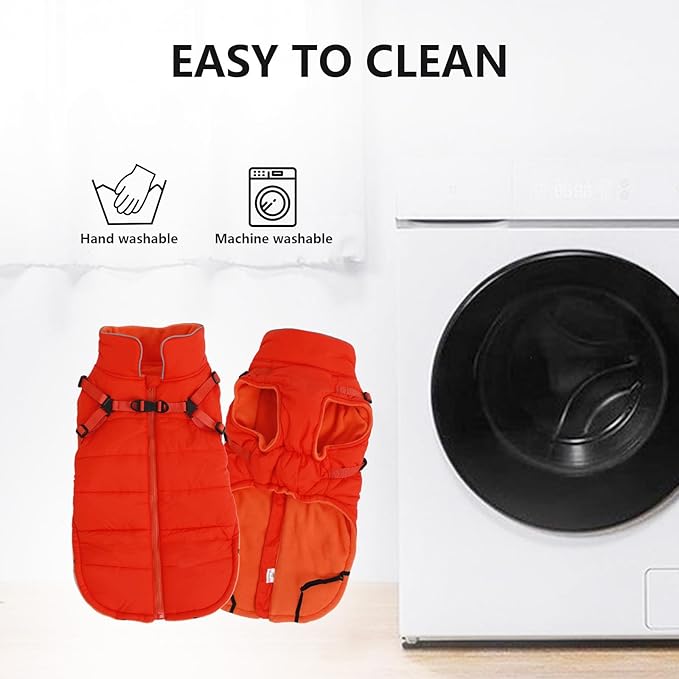 Geyecete Winter Warm Coat Waterproof Dog Winter Jacket with Harness Traction Belt,Windproof Pet Outdoor Jacket Dog Autumn-Orange-XXL