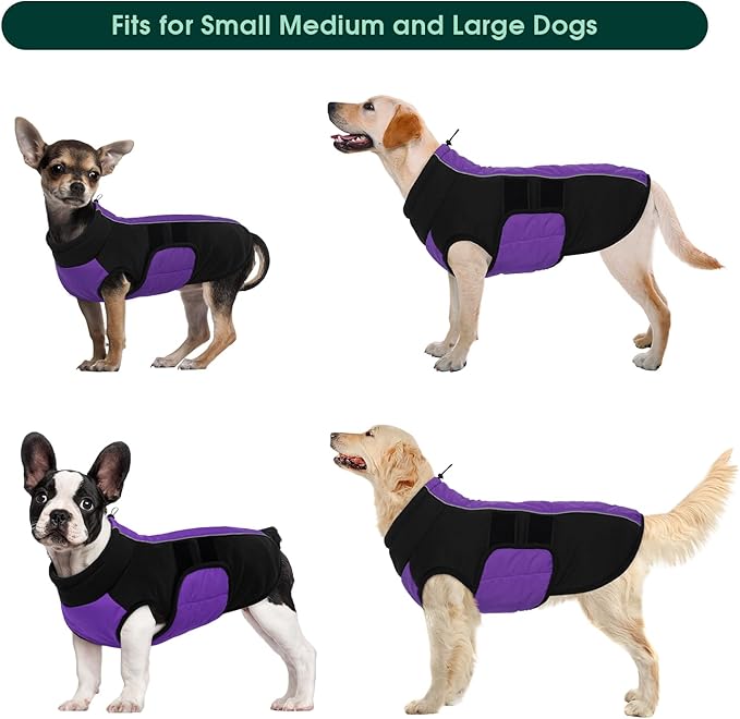 Kuoser Dog Jackets for Small Dogs, Warm Dog Coat with Harness Built in, Puppy Winter Jacket Pet Clothes for Cold Weather, Reflective Waterproof Doggie Winter Vest for Pug Dachshund, Purple S