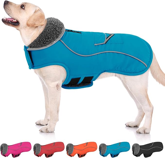 SUNFURA Dog Coat, XXXL Dog Winter Jacket, Reflective Fleece Snow Coat with Furry Collar, Waterproof Pet Puffer Jacket for Great Dane Extra Large Dogs, Turquoise 3XL