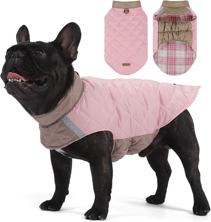 Reversible Waterproof Dog Coat - Adjustable Winter Jacket for Small to Large Breeds, Warm Cold Weather Apparel for Medium Dogs (Pink & Khaki, Large (Pack of 1))