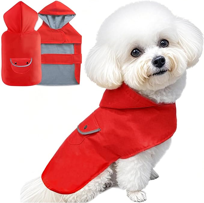 Dog Raincoat Dogs Rain Jacket Reflective Poncho Rainwear Waterproof Pet Clothes Warm Lined Pocket Hooded Leash Hole Adjustable Small Medium Dogs,Red,L,Back Length 12.0 Inch