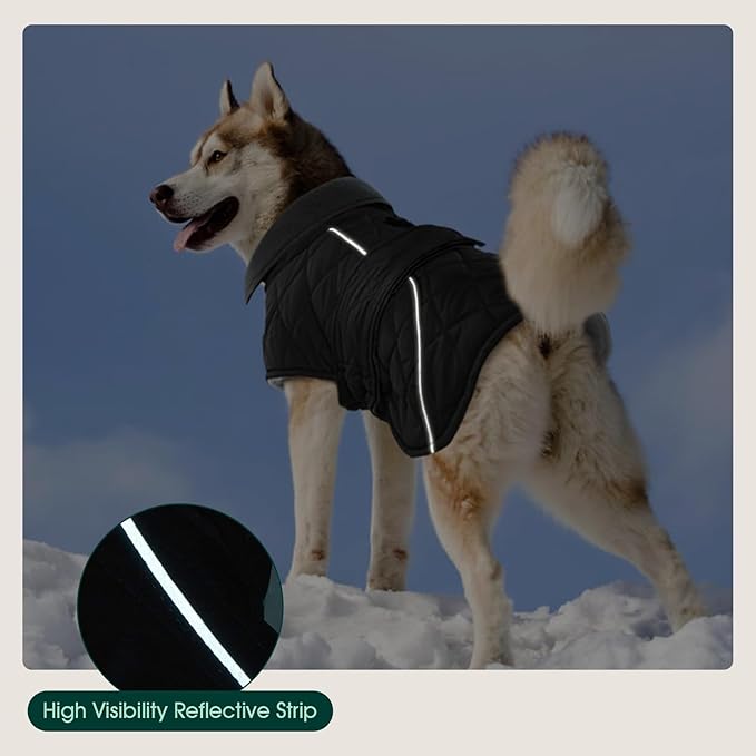 Kuoser Super-Warm Fleece Dog Jacket, Christmas Dog Coat Quilted Thermal Turtleneck Puppy Snowsuit, Windproof & Reflective Pet Winter Clothes for Large Dogs, Dark Grey 2XL