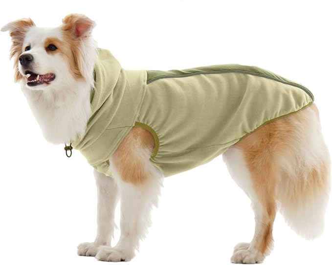 IECOii Fleece Dog Sweater for Large Dogs, Large Dog Sweater Sleeveless with Leash Hole and Reflective Strips, Fall Winter Turtleneck Hoodie Vest Lightweight & Stretchy Fit for Active Dogs, Green, XL