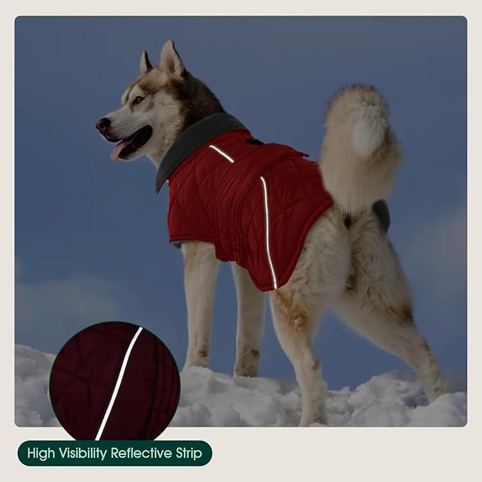Kuoser Super-Warm Dog Coat Windproof Cold Weather Coats for Extra Large Dogs, Fleece Lining Turtleneck Dog Jacket Reflective Adjustable Pet Winter Snowsuit, Red 3XL
