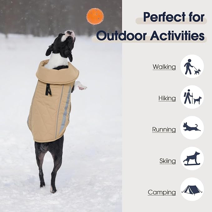 IECOii 4XL Dog Jacket Waterproof Winter - Warm Fleece Lining Jackets for Dogs, Reflective & Adjustable Snow Coat, Mashine Washable, Khaki, Sizes XXXXL