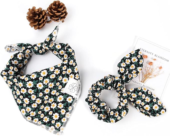E-Clover Dog Bandanas & Matching Scrunchie Set Girl Dog Scarf Bibs with Bow Scrunchie for Small Dogs Puppy Pet Owner Gifts Flower Black