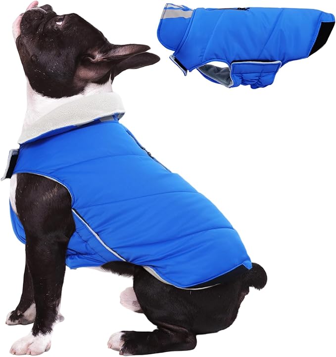 Kuoser Dog Coat Small, Cold Weather Reflective Waterproof Dogs Jacket with Warm Fleece Lining, Turtleneck Dog Winter Coat with Zipper, Doggy Snow Jacket Pet Coats for Small Medium Large Dogs, Blue S
