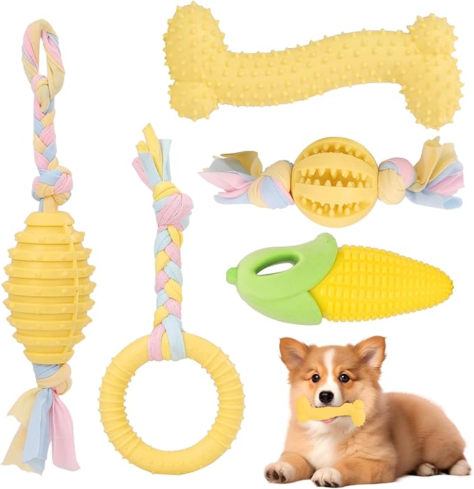 5 Pack Dog Chew Toys for Puppy Cute Yellow Dog Toys Puppy Dog Toys for Teething Soft Durable Interactive Chew Toy for Small Dogs Light Yellow