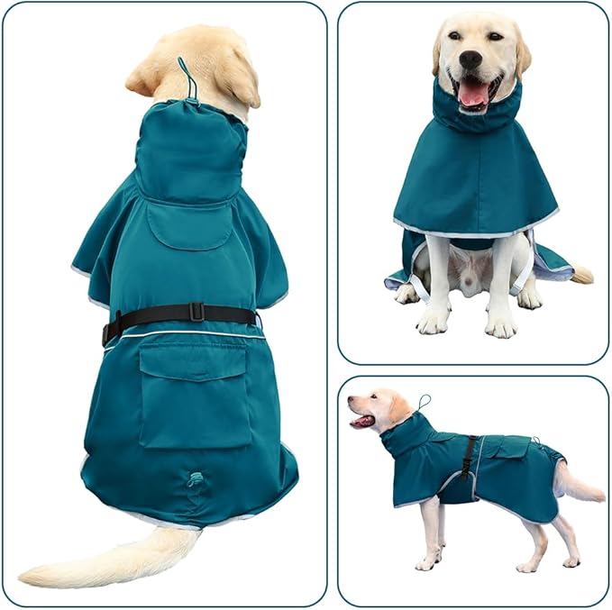 Reflective Dog Raincoat Waterproof Adjustable Dog Hooded Poncho Raincoat for Medium Large Dogs, Lightweight Pet Rain Jacket (Blue, 2XL)