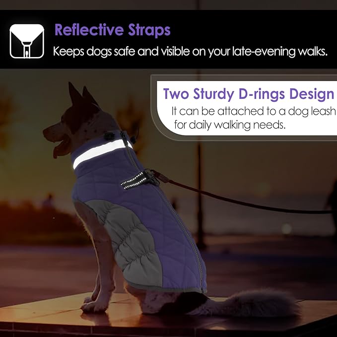 AOFITEE Dog Coat, Warm Dog Winter Coat for Small Dogs, Reflective Turtleneck Dogs Jacket with Harness Built in, Waterproof Windproof Pet Fleece Vest Snow Jacket for Cold Weather, Lilac S