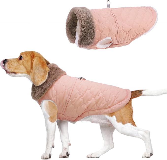 BEAUTYZOO Winter Dog Coat with Harness Built in, Warm Dog Puffer Jacket Vest Padded Fleece Cold Weather Coats Windproof Waterproof Snow Jackets Clothes for Small Medium Puppy, Pink L