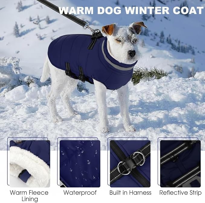 Large Dog Coat with Harness Built-in, Waterproof Reflective Fleece Lined - Warm Windproof Winter Jacket with Back Zipper, Cold Weather Snow Dog Coats - Blue - 3XL