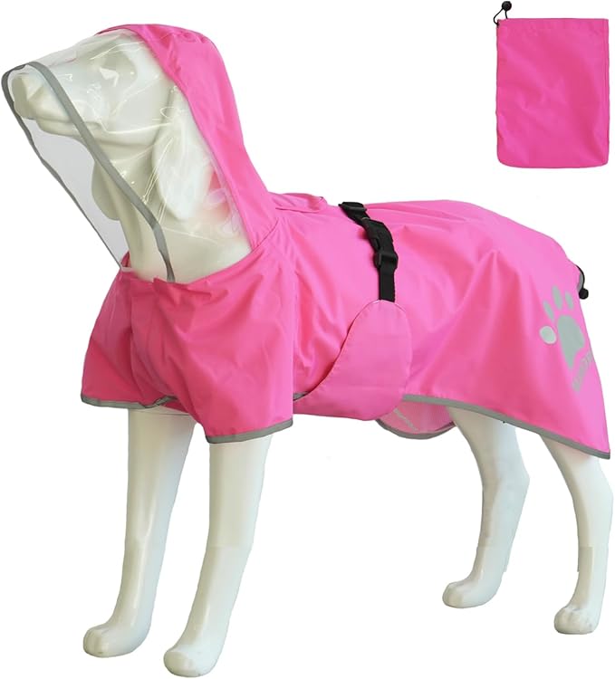 MAMORE Dog Raincoat Hooded Rain Jacket for Small Medium Large Dogs Slicker Poncho Bottom Waterproof Adjustable Reflective Breathable Leash Hole (Pink, X-Large)