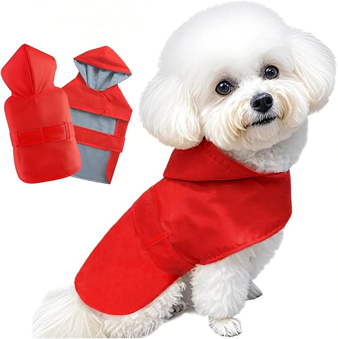 Dog Raincoat Small Dog Rain Jacket Poncho Waterproof Pet Rain Suit Puppy Small Dogs Cats Double Layer Breathable Lining Hooded Leash Hole Adjustable,Red,XS