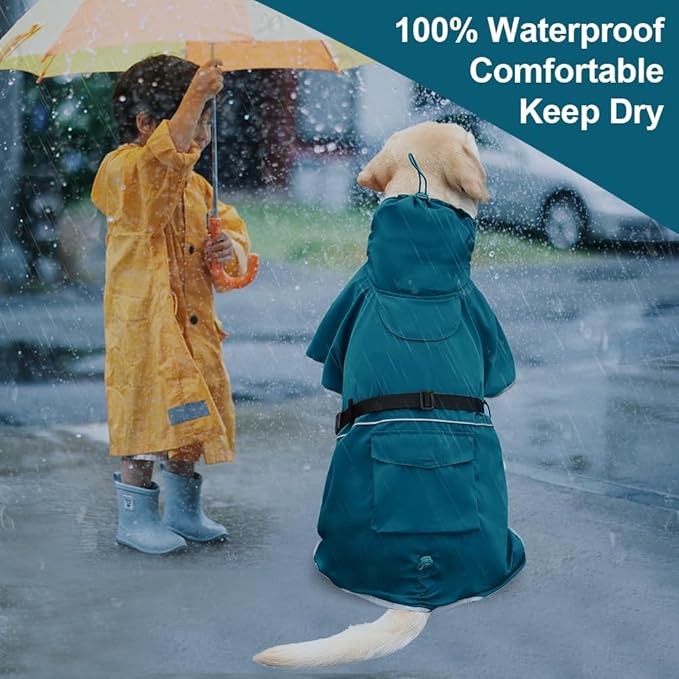 Reflective Dog Raincoat Waterproof Adjustable Dog Hooded Poncho Raincoat for Medium Large Dogs, Lightweight Pet Rain Jacket (Blue, 2XL)
