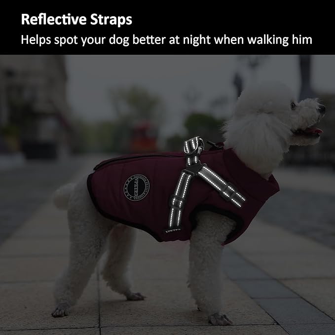 Winter Coat - Dog Jacket Padded Fleece Vest with Built-in Harness, Waterproof, Windproof & Reflective - Adjustable Snow Pet Coat for Small & Medium Dogs
