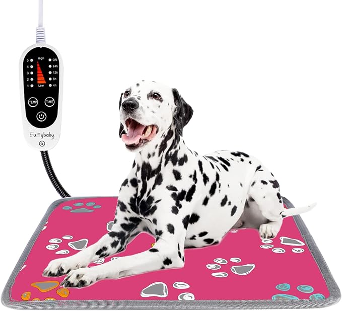furrybaby Pet Heating Pad, Waterproof Dog Heating Pad Mat for Cat with Durable Anti-Bite Tube Indoor for Puppies Dogs Cats (1 Pack Pink, 24 X 16in, Temp Adjustable)