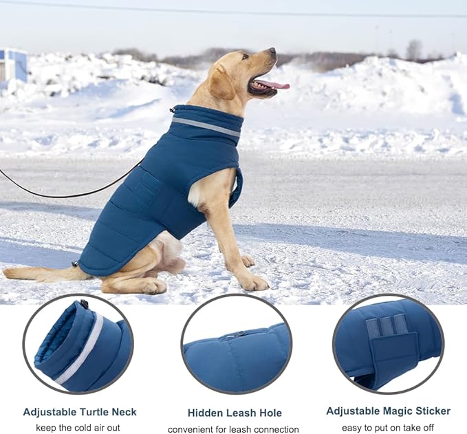 Dog Coat, Waterproof Winter Jacket, Warm Windproof Vest, Reflective Adjustable Turtleneck Coats for Large Dogs with Hook & Loop - Blue - XL