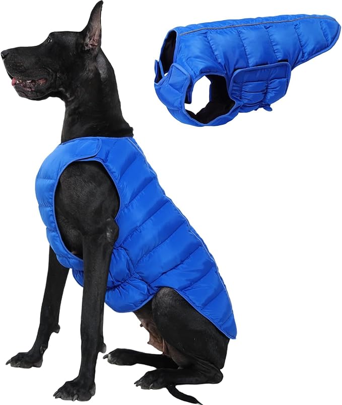 Kuoser Dog Puffer Jacket Warm Dog Coat for Extra Large Dogs, Windproof Reflective Pet Padded Vest Cold Weather Clothes Puppy Snowsuit with Hook & Loop Coats, Easy On/Off, Blue 3XL