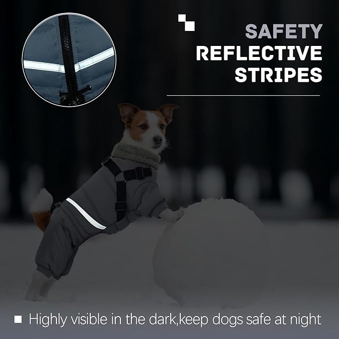BRKURLEG Grey Dog Winter Coat, Cozy Winter Dog Jackets, Small Dogs Coat with Harness, Onesie Body Warm Puppy Jacket, Pet Reflective Windproof Cold Weather Jackets, Puppy Four-Legged Puffer Coats, S