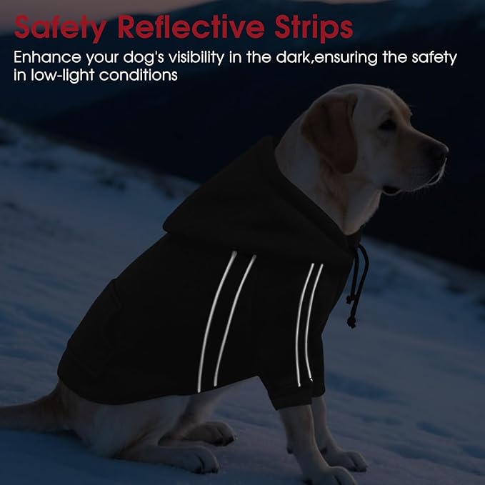 ASENKU Cozy Dog Hoodie，Soft Sweater with Adjustable Hood, Back Pocket and Leash Access Hole，Warm Reflective Sweatshirt for Cold Weather（Black，2XL