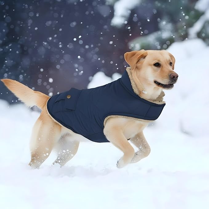 ASENKU Warm Dog Winter Coat, Waterproof Dog Coat for Cold Weather, Fleece Dogs Jacket with Ultra Thick Plush Lining Leash Hole Storage Pockets for Medium Dogs (Navy Blue, Medium)