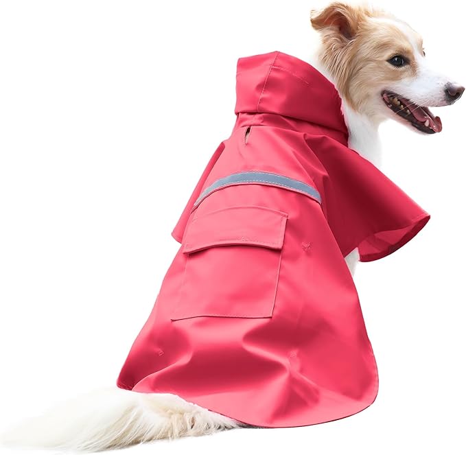 NACOCO Large Dog Raincoat Adjustable Pet Water Proof Clothes Lightweight Rain Jacket Poncho Hoodies with Strip Reflective (XXL, Red)